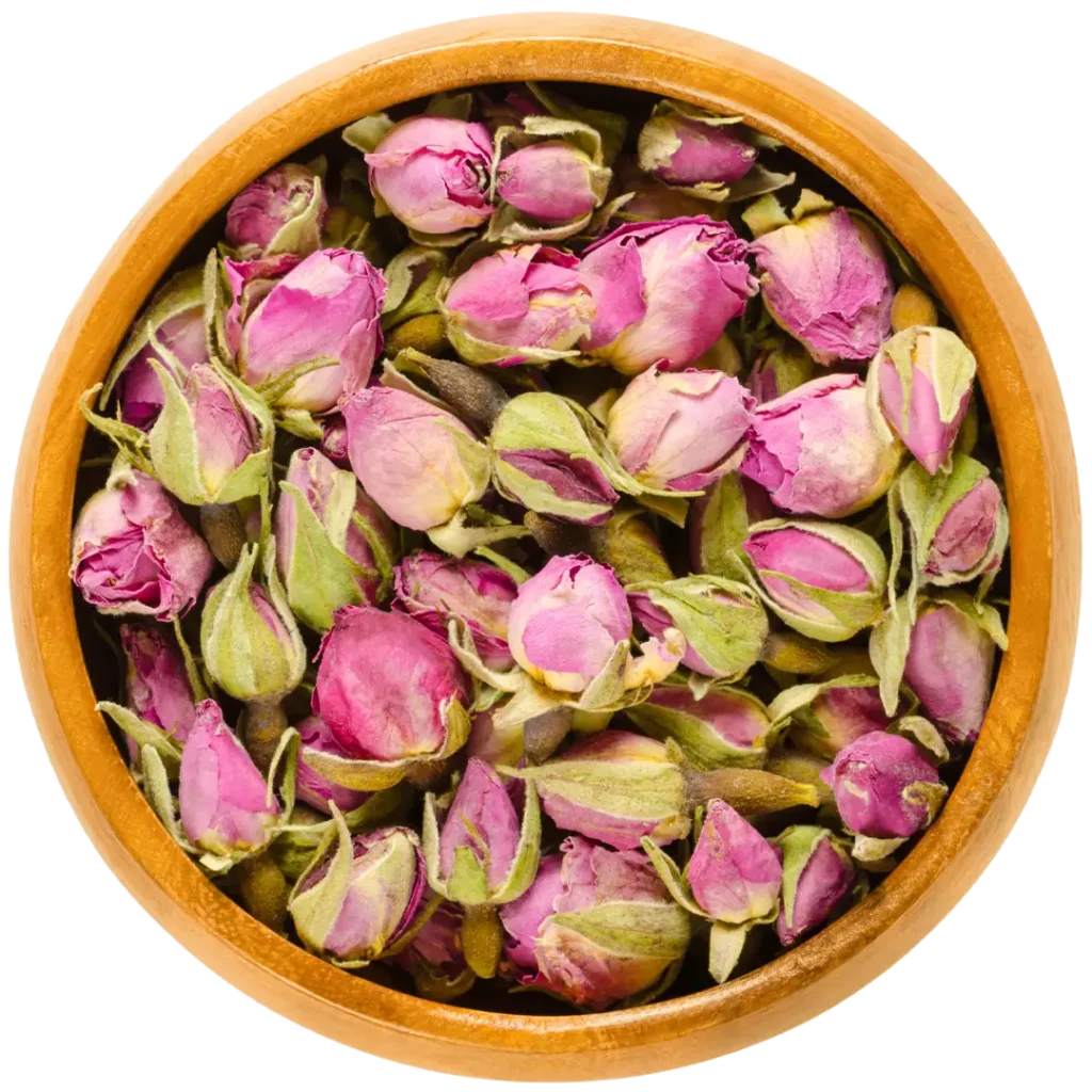 Botones de rosa secos en cuenco de madera - ingrediente natural de Luz de Luna